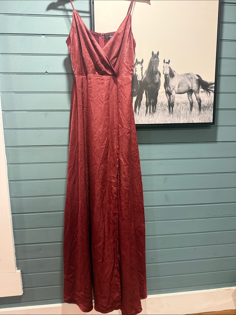 Rust Red Satin V-Neck Spaghetti Strap Maxi Dress